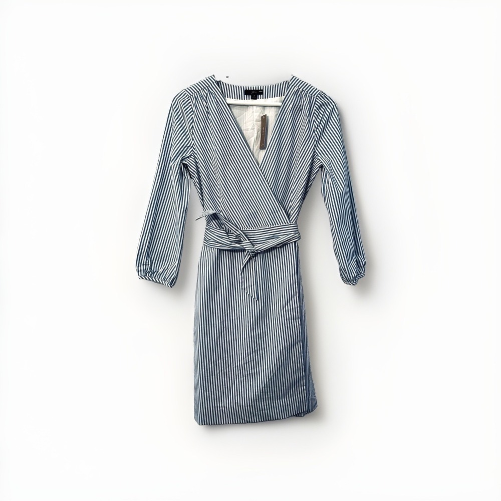NWT J.Crew Striped Wrap Dress 0 Blue White Long Sleeve Nautical K0691